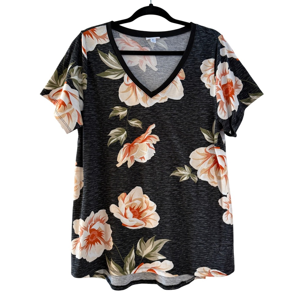 LuLaRoe XL Floral V Neck Short Sleeve Tunic Top Women Dark Floral